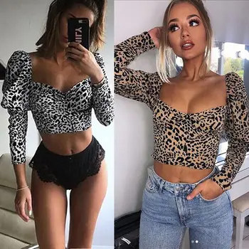 Poletje Nove Modne Ženske Seksi U-Vratu Leopard Tiskanja Dolg Rokav T-Shirt Ulične Majice
