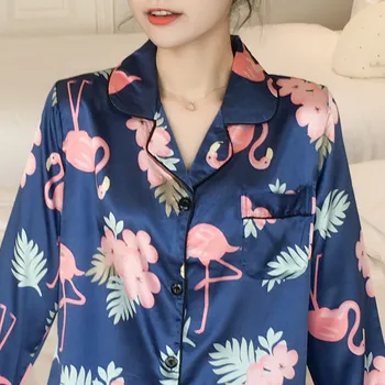 Flamingo svile ženske pijama jesen pomlad sleepwear spanja vrhovi 2019 pijamas ženski