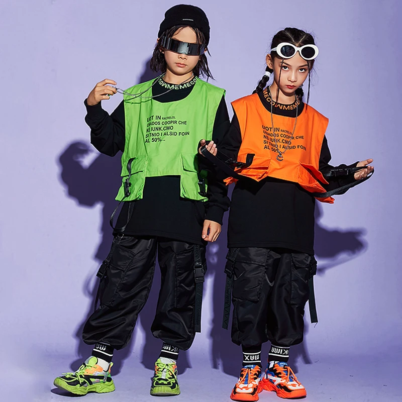 Hip Hop Otroci Ples Kostum Oranžna/Zelena Telovnik Majica Vrhovi Črne Hlače Fantje Dekleta Jazz Ples Hiphop Oblačila Rave Obrabe BL5476