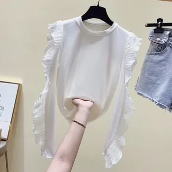 Nov Prihod Ruffle Mozaik T Shirt O Vratu Dolg Rokav Votlih Iz Slim Tshirts Ženske korejski Moda Ropa Mujer 3d201
