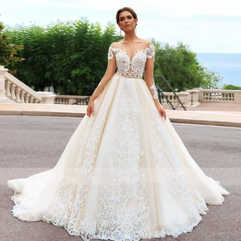 2021 Poročna Obleka Svetlo Šampanjec Dolg Rokav Royal Train Čipke Appliques Poročne Obleke Sweetehart Princesa Haljo De Mariee Elegantno