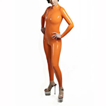 Oranžna Latex Catsuit Gume Dekle Sexy Kostumi Bakc patentna Zadrga
